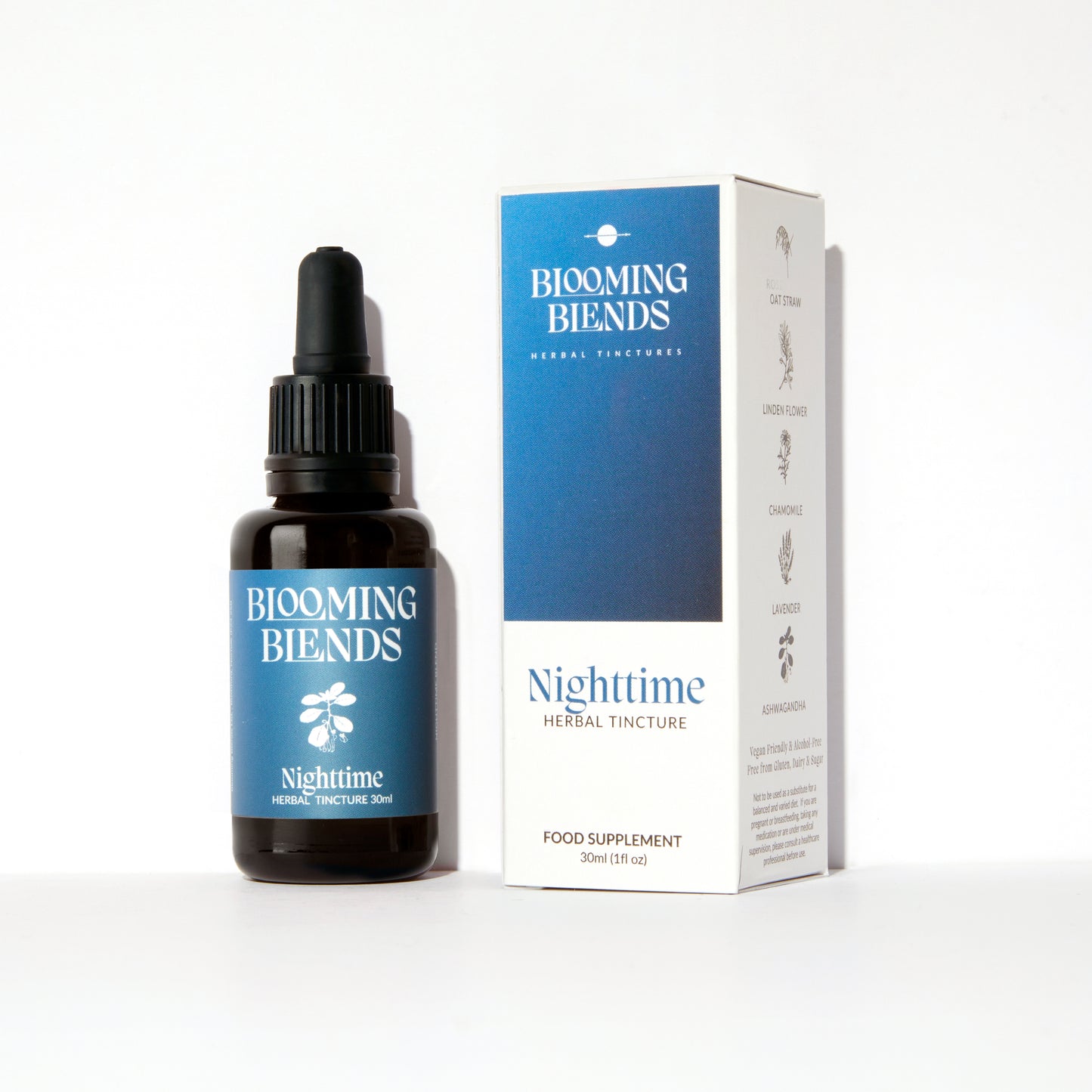 Nighttime Tincture bottle – alcohol-free herbal supplement for evening calm by Blooming Blends