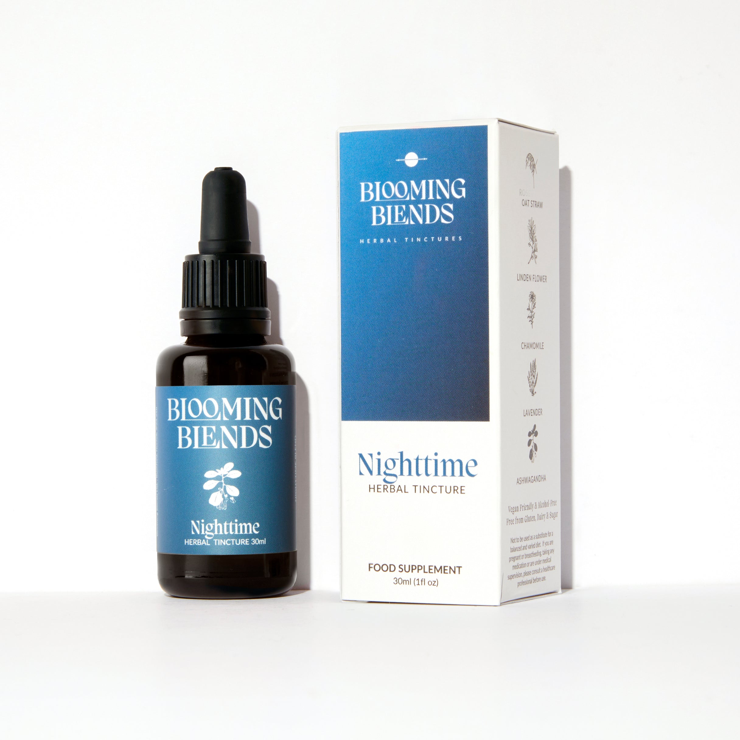 Nighttime Tincture bottle – alcohol-free herbal supplement for evening calm by Blooming Blends